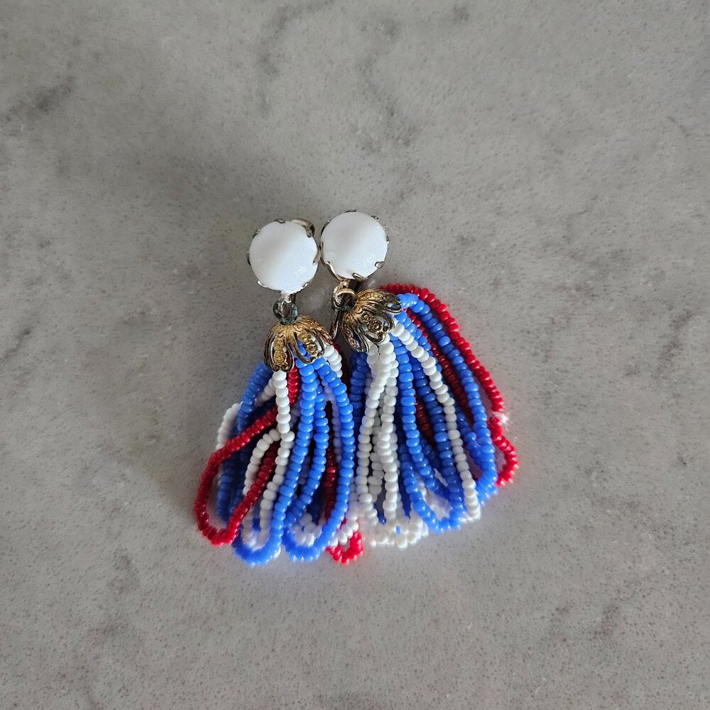 RED, WHITE, AND BLUE BEADED DANGLE CLIP-ON EARRINGS
